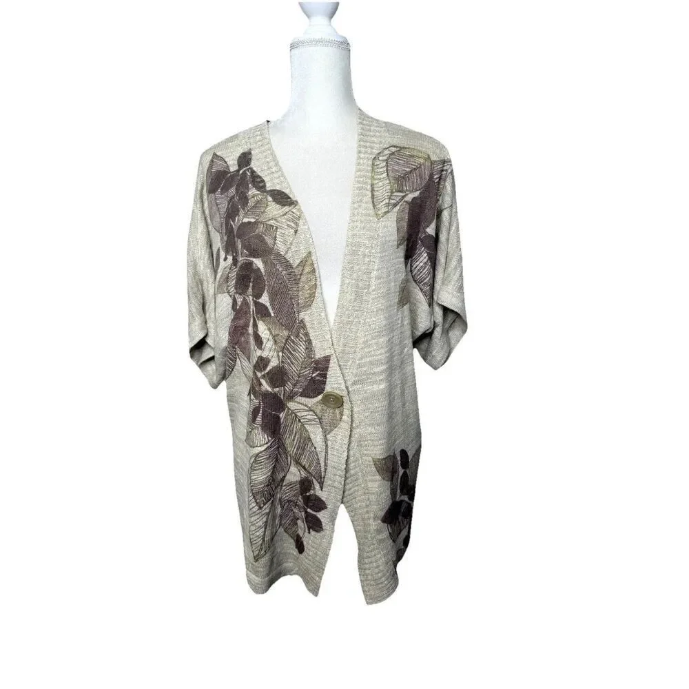 Coldwater Creek Cardigan Plus Size 1X Short Sleeve Beige Lightweight One Button